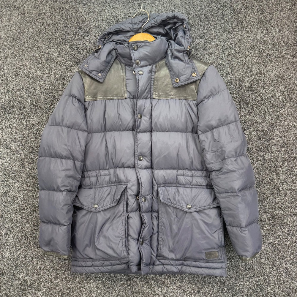 Coach Mens Navy Blue Down Puffer Jacket Leather Yoke Detachable Hood Small